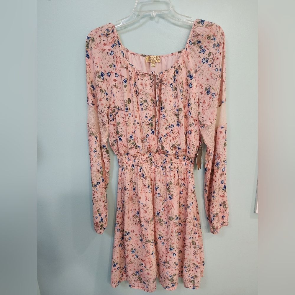FLAWS. Princess Vera Wang Pink Floral Dress Size XL Printed Peasant tie front